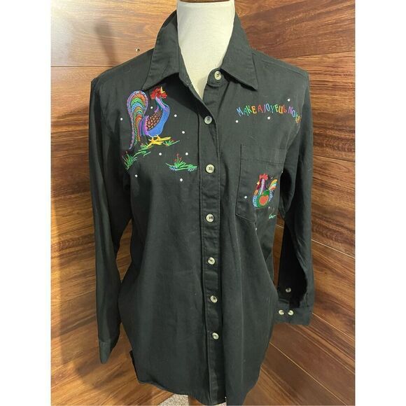 Quacker Factory Vintage 90’s Black Long Sleeve Button Down Shirt Embroidered Roo - Picture 11 of 16